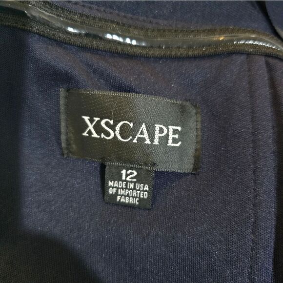 Xscape Long Scuba Off-The-Shoulder Ruffle Dress NWOT size 12 Navy Blue - Picture 5 of 5